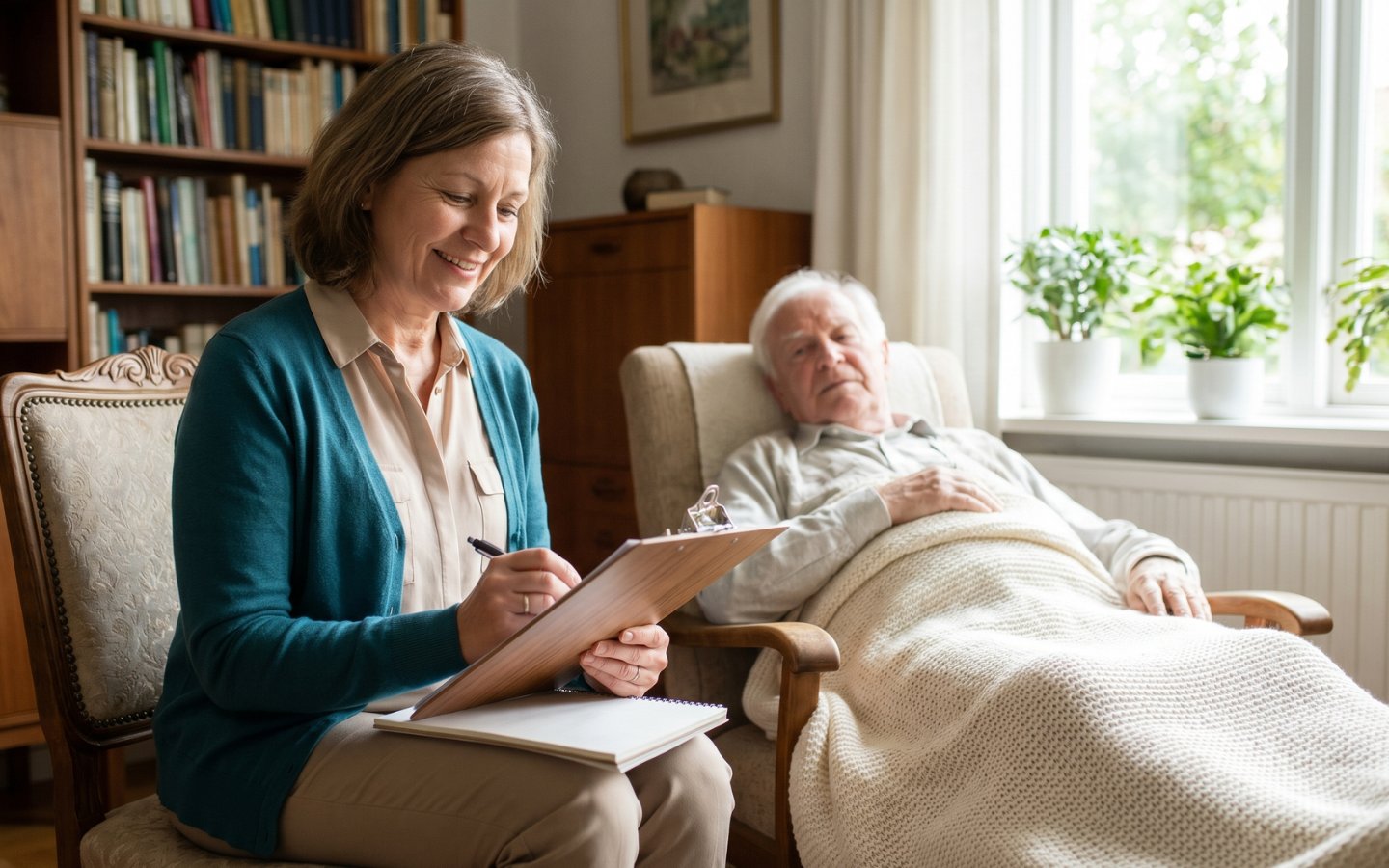 Caregiver writing notes beside an elderly patient at home — Trust Aiga First nurse-led education